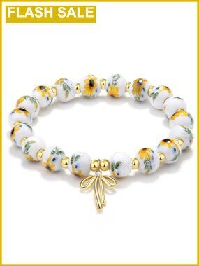 Handmade Bow Charm Bracelet for Women 18K Gold Plated Stretch Bracelet Dainty